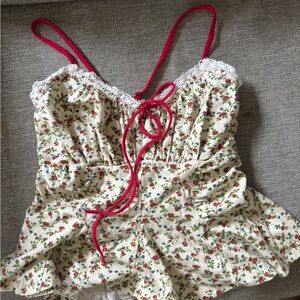 Free People Floral Lace Trim Top - Red and Cream